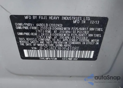 2014 Subaru Forester 2.5I Premium from USA, damaged, VIN JF2SJADC8EH541081